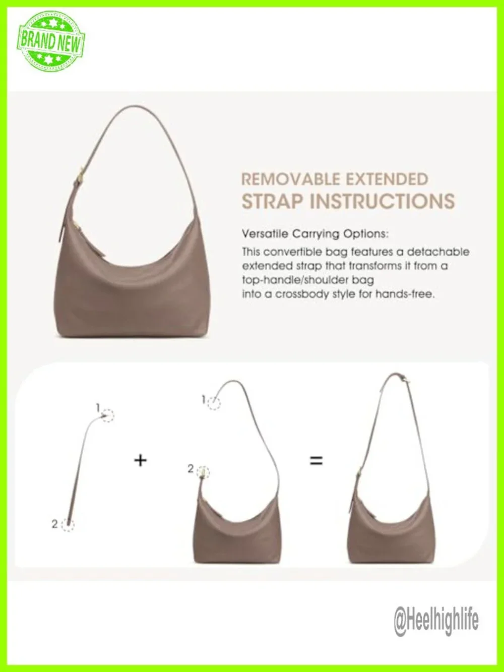 Medium Leather Hobo Bag with Removable Crossbody Strap, Soft Genuine Top Grain